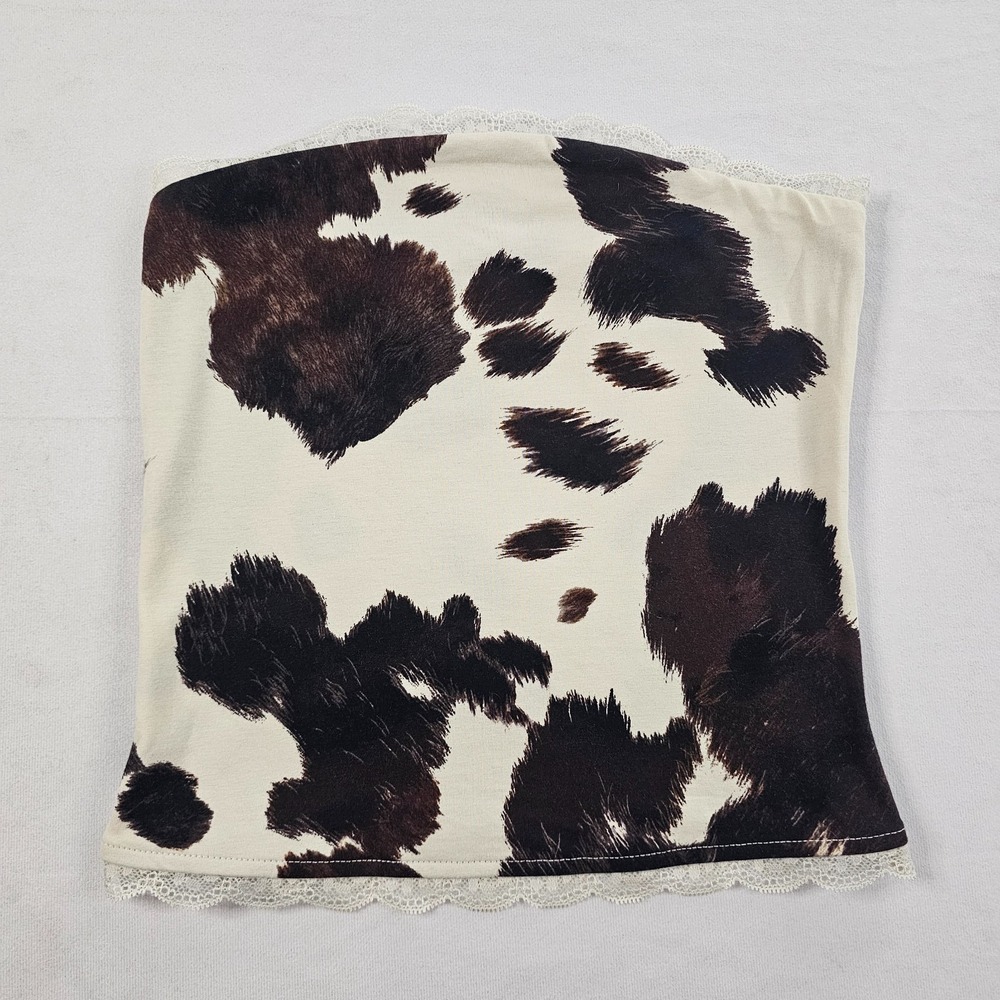 Wild Fable Womens XS Cow Print Tube Top Strapless Lace Trim Y2K Western Brown